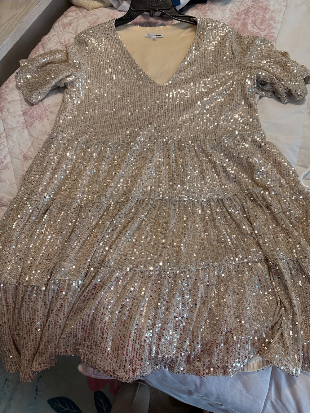 Fashion Nova Champagne Sequin Tiered V-Neck Dress